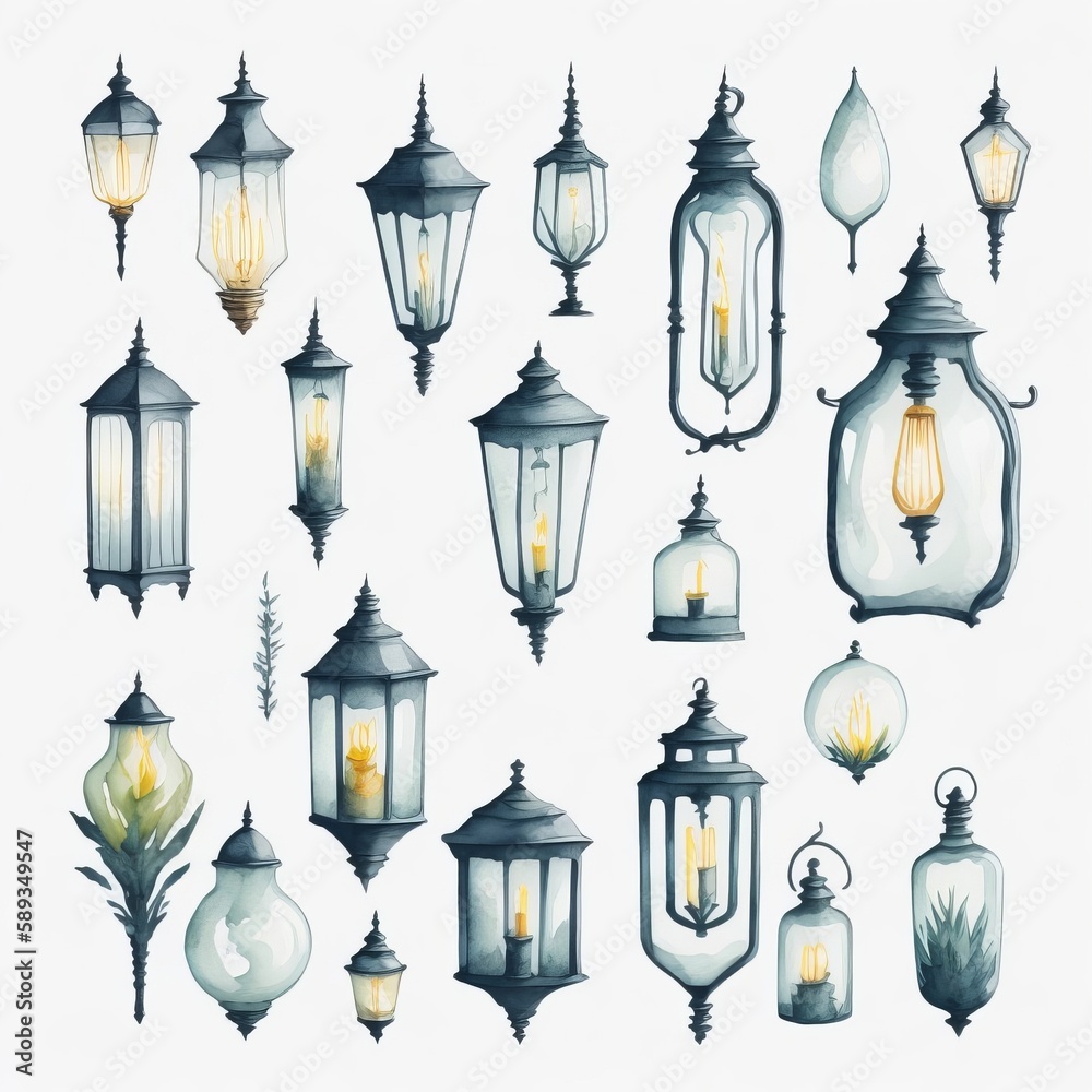 set of different lamps and lanterns with light in watercolor artstyle. Generative AI set of different lamps and lanterns with light in watercolor artstyle. Generative AI