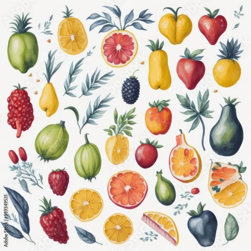 set of many different fruits in watercolor artstyle. Generative AI