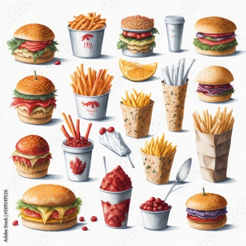 fast food collection including burgers, fries and drinks. Generative AI