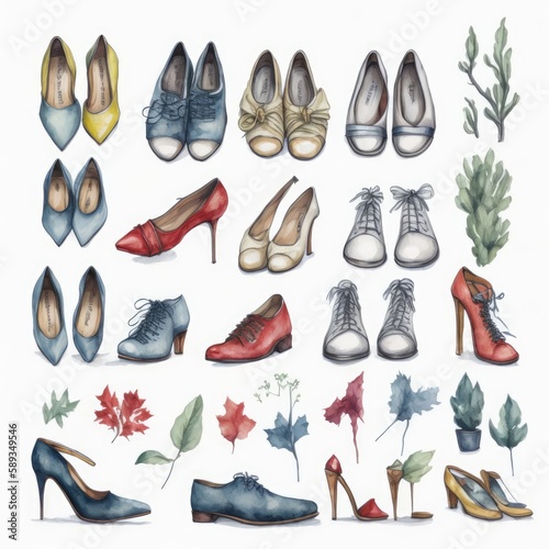 set of many different shoes in watercolor artstyle. Generative AI