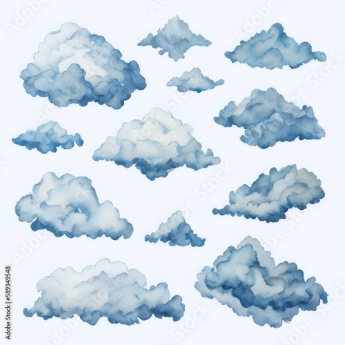 set of different clouds in watercolor artstyle. Generative AI