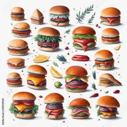 set of many different burgers. Generative AI