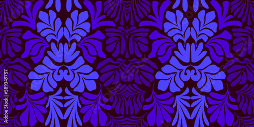 Pink purple abstract background with tropical palm leaves in Matisse style. Vector seamless pattern with Scandinavian cut out elements.