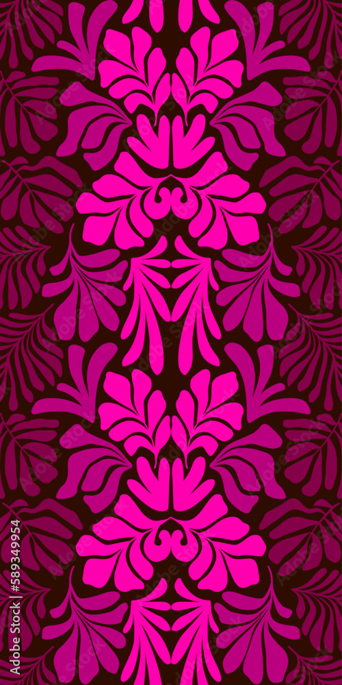 Pink abstract background with tropical palm leaves in Matisse style. Vector seamless pattern with Scandinavian cut out elements.