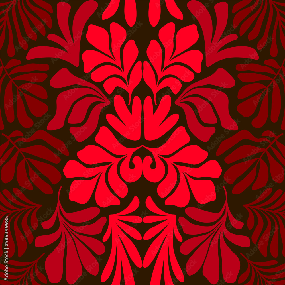 Red abstract background with tropical palm leaves in Matisse style. Vector seamless pattern with Scandinavian cut out elements. Red abstract background with tropical palm leaves in Matisse style. Vector seamless pattern with Scandinavian cut out elements.