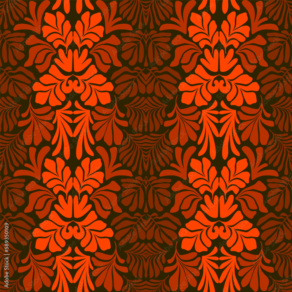 Fototapeta premium Orange red gradient abstract background with tropical palm leaves in Matisse style. Vector seamless pattern with Scandinavian cut out elements.