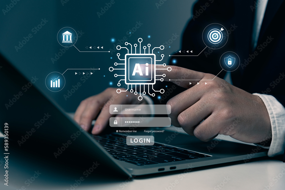 AI tech and log in access cyber security concept, businessman touching AI chip technology connecting to business financial ecosystem, application, virtual bank or online banking, target, growth plan.
