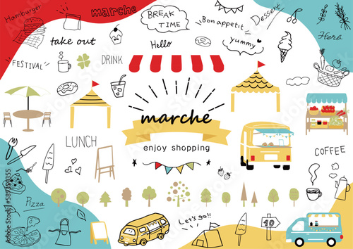 マルシェ　休日のマーケットイラスト素材集