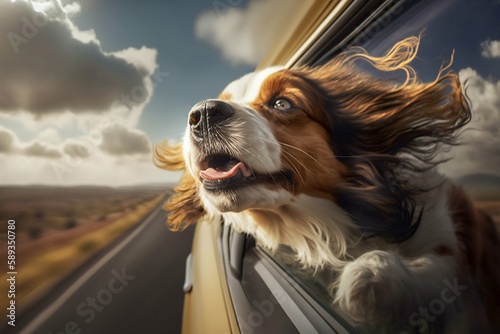 Dog hanging out of the window in driving car. Generative AI