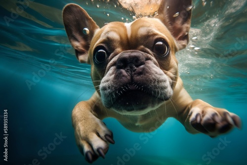 Funny dog swimming underwater. Generative AI