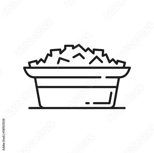Jainism religion symbol, food offering of Jain ceremony, sweets or rice bowl vector icon. Digambara and Svetambara ceremony and worship offerings to Tirthankara in Jainism religion