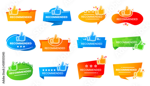 Recommend labels, stickers and tags with thumb up and stars, vector icon. Recommended label for best quality and top good product, seller recommendation stickers for best choice with thumb up sign