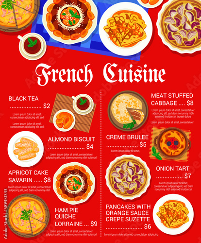 French cuisine menu vector apricot cake savarin, meat stuffed cabbage and creme brulee. Almond biscuit, onion tart, ham pie quiche lorraine or pancakes with orange sauce crepe suzette, black tea meals