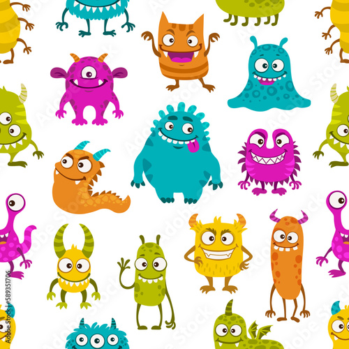 Seamless pattern with cartoon funny monster characters. Vector repeated background with cute comic creatures, joyful halloween personages. Ornament with devils, goblins, aliens kawaii smiling mutants