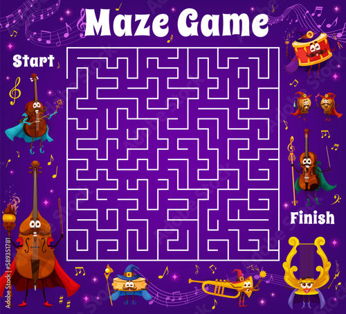 Labyrinth maze game wizard musical instrument characters, sound waves and notes. Kids vector riddle, test worksheet with drum, double bass, horn, violin or tambourine, castanets and harp sorcerers