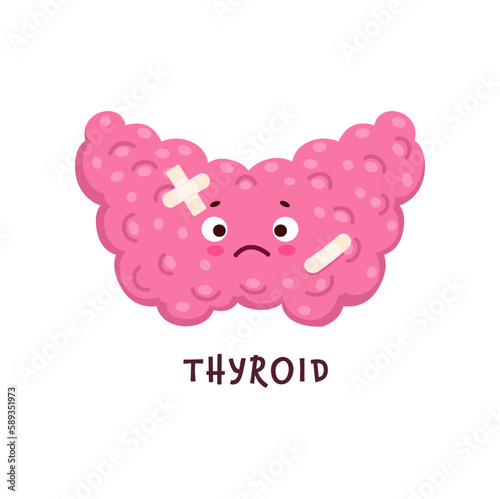 Thyroid, sick body organ character injured or unhealthy, cartoon vector personage. Endocrine gland health or hormone disease and cancer sickness, sad thyroid with pain and medical patch on face