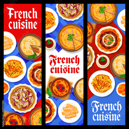 French cuisine food banners, vector meat stuffed cabbage ,pancakes with orange sauce crepe suzette, apricot cake savarin and creme brulee. Almond biscuit, onion tart and ham pie quiche lorraine meals