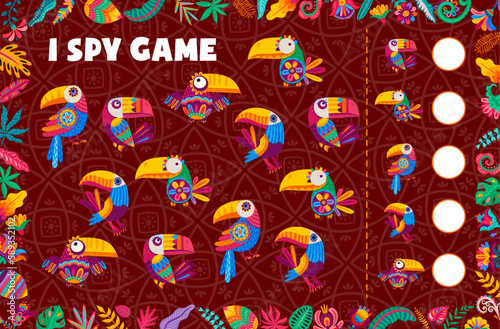 I spy game worksheet, cartoon Mexican and Brazilian toucan birds, vector kids puzzle quiz. Find and match two same tropical birds on kids riddle game with colorful toucans and Brazilian jungle flowers