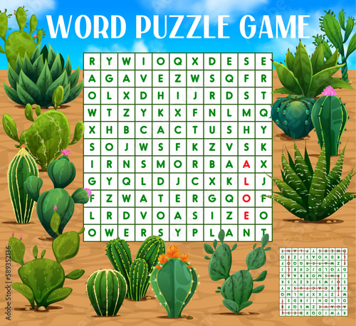 Mexican prickly cactus succulents, word search puzzle game, vector kids quiz worksheet. Agave, aloe or opuntia thorn flowers in Mexican desert, entertainment brainteaser game to search word in grid