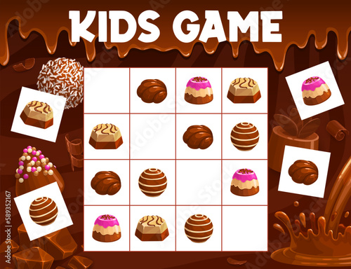 Sudoku game, chocolate praline and fudge candy, souffle, truffle and jelly with hazelnut bonbons, vector quiz. Chocolate sweets and candy comfits on sudoku riddle or puzzle worksheet grid photo