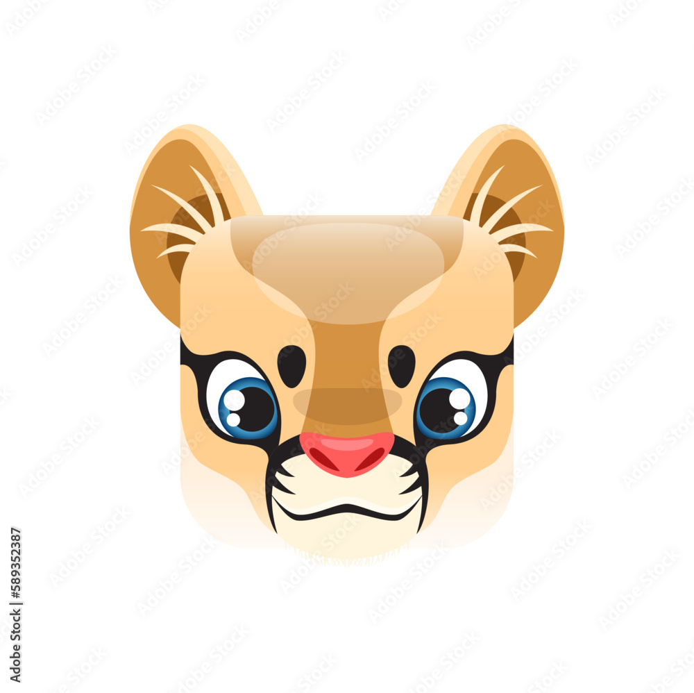 Lion cub cartoon kawaii square animal face, isolated vector lionet icon. Adorable predator character portrait with big eyes. Baby lion muzzle, app button, graphic design element