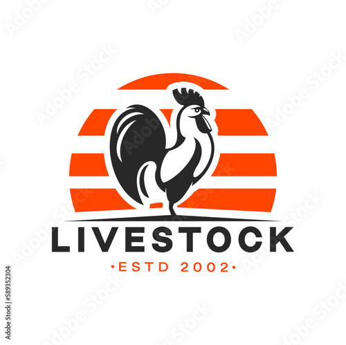 Agriculture and farm rooster icon for farming and natural food, vector sign. Organic eco products or farm market badge, farmer store and livestock poultry grocery emblem of rooster cock