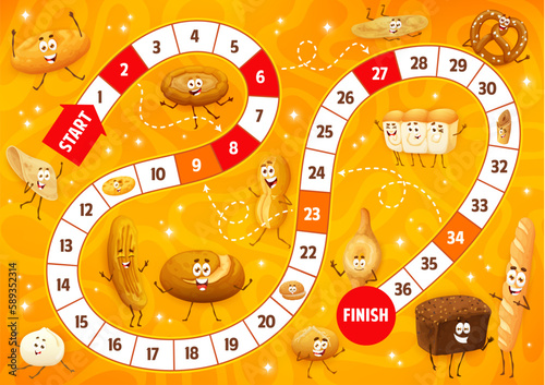 Kids board game. Cartoon bakery, pastry and bread characters. Dice boardgame, roll and move game vector worksheet with flatbread, tortilla, mantou and marraqueta, barbari, chapati bread personages