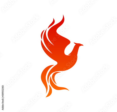 Phoenix bird or fenix firebird with wings of fire flames. Vector abstract eagle or falcon flying with fiery feathers. Fantasy phoenix or fenix bird silhouette heraldic emblem or symbol of rebirth