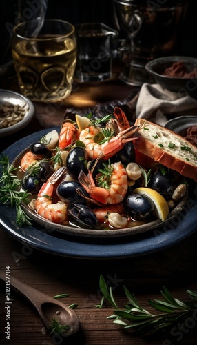 Variety assorted of Greek seafood. Generative AI