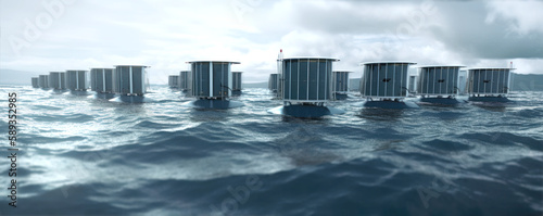 Renewable Energy. Small ocean wave power generator or tidal power energy facility array. Creates electricity from tidal energy. Future technology. Generative AI.
