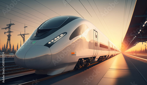 White Modern High Speed Train on Railway Station at Sunset  Generative AI