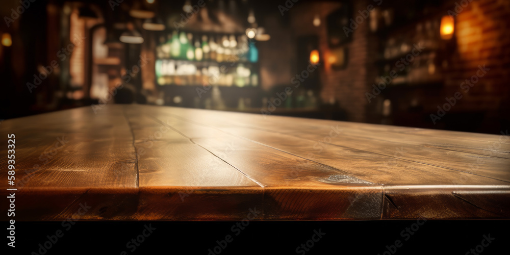 An empty wooden counter table top for product display in a pub or bar. Generative ai