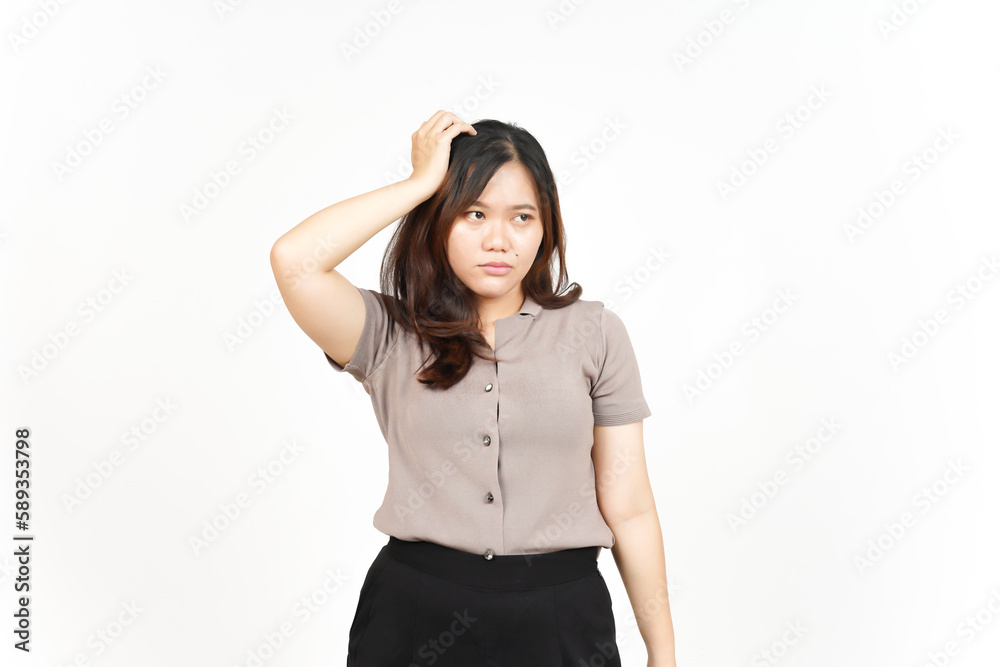 Hand on head with confused gesture Of Beautiful Asian Woman Isolated On White Background Hand on head with confused gesture Of Beautiful Asian Woman Isolated On White Background