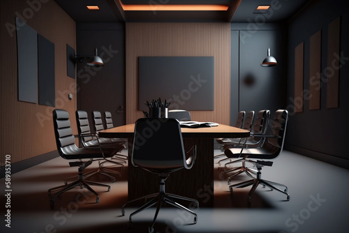 会議室　大きな会議用の机と椅子が並んだ会議専用の室内インテリア、重厚でエレガントなオフィス、企業、利益、金運を向上させる、ビジネスイメージ　Generative AI  © omune