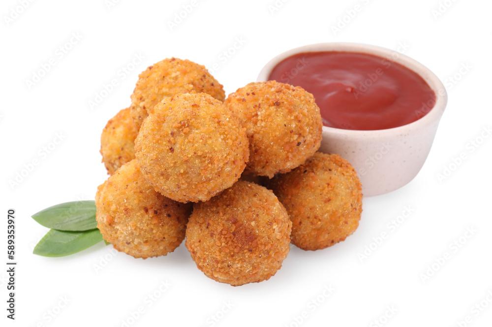 Pile of delicious fried tofu balls, ketchup and basil on white background Pile of delicious fried tofu balls, ketchup and basil on white background