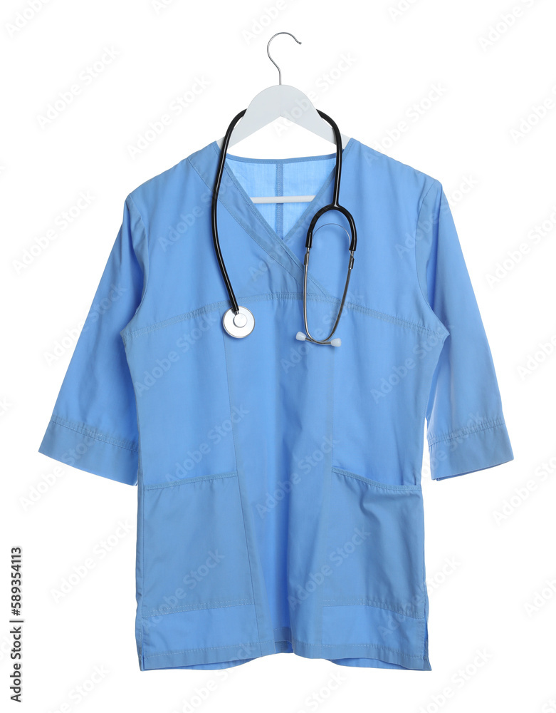 Light blue medical uniform and stethoscope on white background Light blue medical uniform and stethoscope on white background