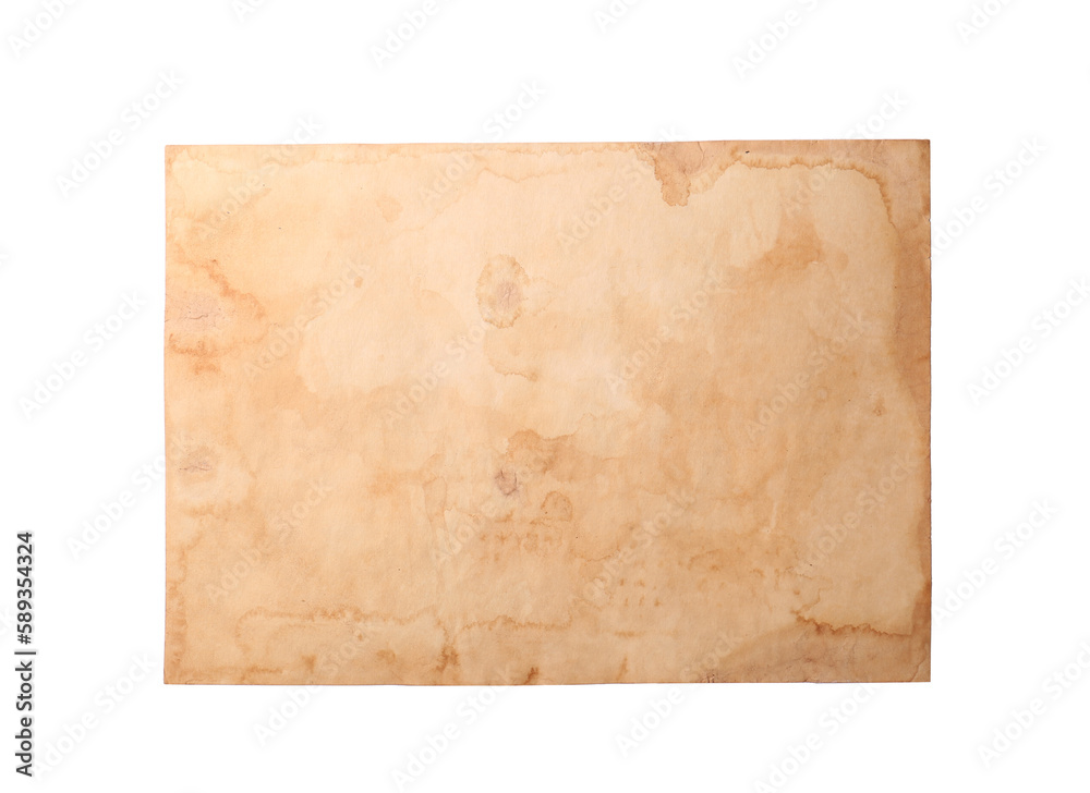Sheet of old parchment paper on white background, top view