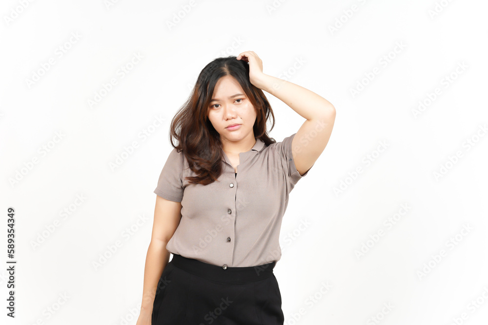 Hand on head with confused gesture Of Beautiful Asian Woman Isolated On White Background Hand on head with confused gesture Of Beautiful Asian Woman Isolated On White Background