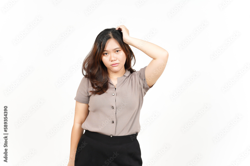 Hand on head with confused gesture Of Beautiful Asian Woman Isolated On White Background Hand on head with confused gesture Of Beautiful Asian Woman Isolated On White Background
