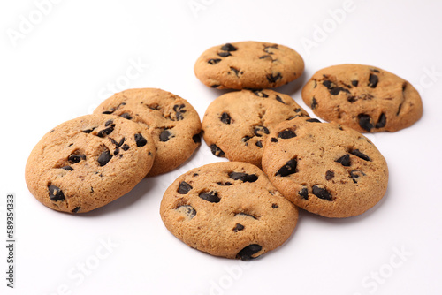 Delicious chocolate chip cookies on white background