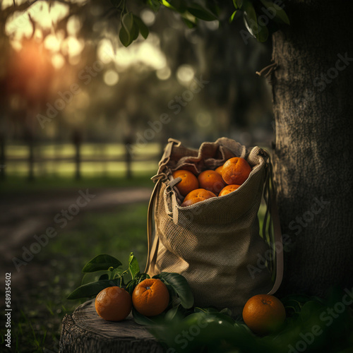 Laranjas recém colhidas em um saco com algumas laranjas ao lado. photo