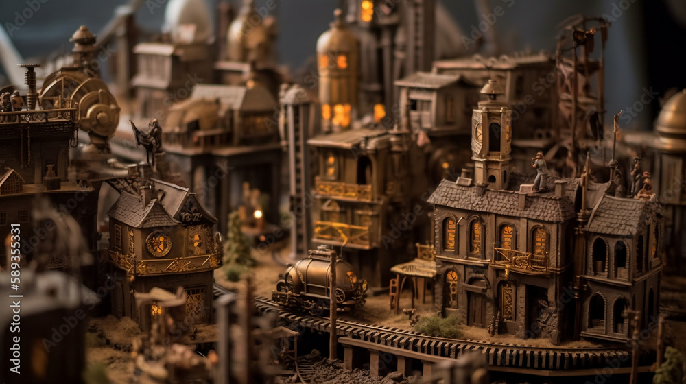 Tilt-shift landscape of Miniature Steampunk cities made with Generative Ai