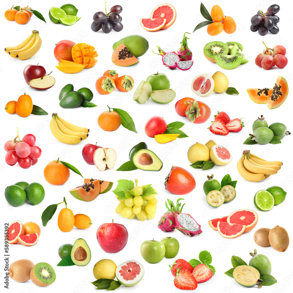 Collage of different fresh fruits on white background Collage of different fresh fruits on white background