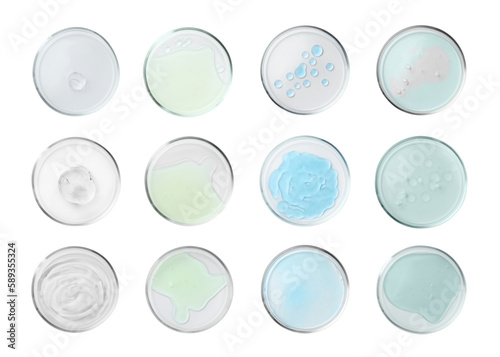 Set of Petri dishes with liquid samples isolated on white, top view