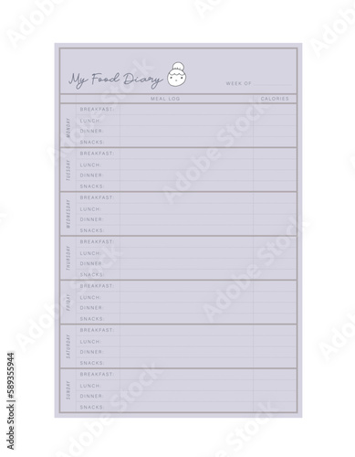 Food Diary and workout tracker Planner. Cute style with Sean and Sea partners. Plan you food day easily. Vector illustration.