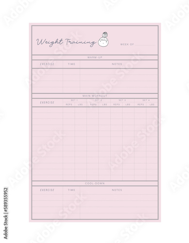 Weight Training Planner. Cute style with Sean and Sea partners. Plan you food day easily. Vector illustration.