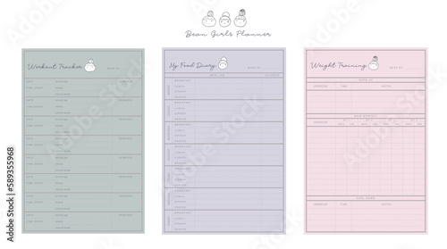 3 set Weight Training  and Food Diary and workout tracker Planner. Cute style with Sean and Sea partners. Plan you food day easily. Vector illustration.