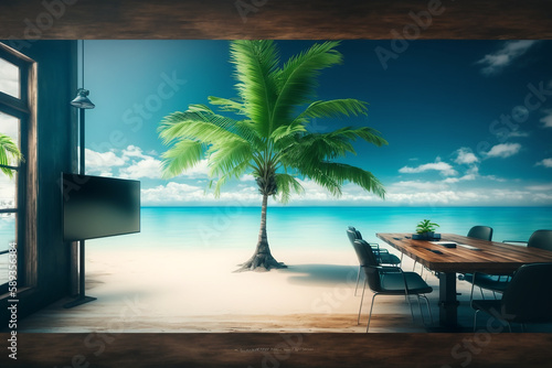 椰子の木が置かれたビーチ 企業の会議室 ビジネスイメージ Generative AI 