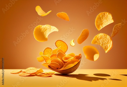 Potato chips and a flying potato slice isolated on a yellow background. Generative AI