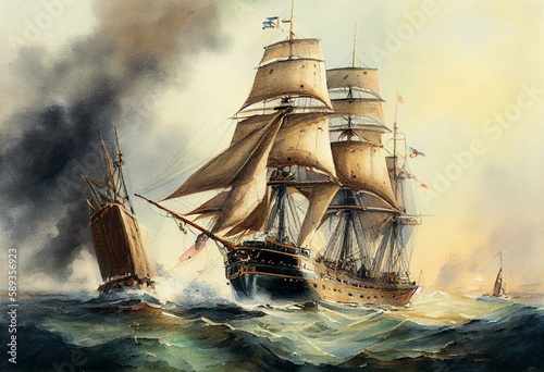 old british ship fighting old french ship watercolour Generative AI